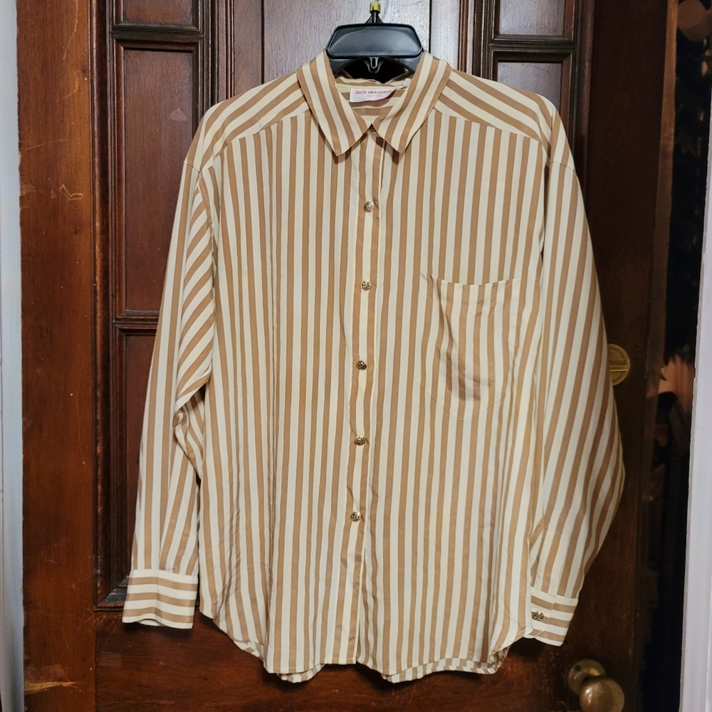 Brown and White Button Down Shirt with Vertical Stripes
